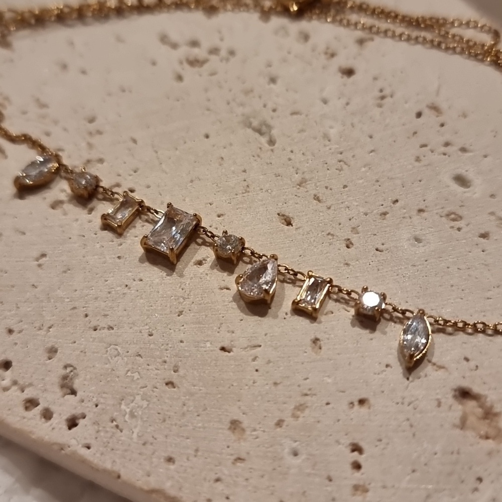 Diamond Cut Necklace Gold Ss Necklace with Clear Cubic Zircona AAA Stones - Picture 6 of 8